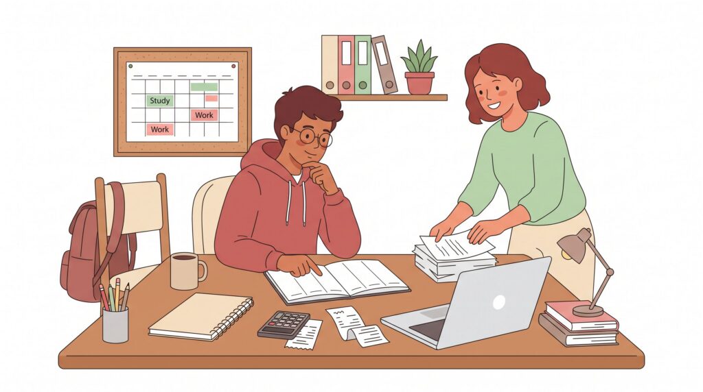 Freundliche semi-flache Illustration von zwei Studierenden am Schreibtisch, die Studium und Selbstständigkeit mit Laptop, Unterlagen, Kalender und Planer organisieren.