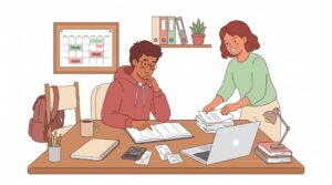 Freundliche semi-flache Illustration von zwei Studierenden am Schreibtisch, die Studium und Selbstständigkeit mit Laptop, Unterlagen, Kalender und Planer organisieren.
