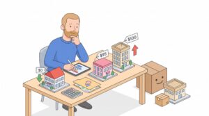 Selbstständiger vergleicht drei Gemeinden und deren Standortkosten an einem Schreibtisch mit Modellgebäuden, Unterlagen und Umzugskarton.