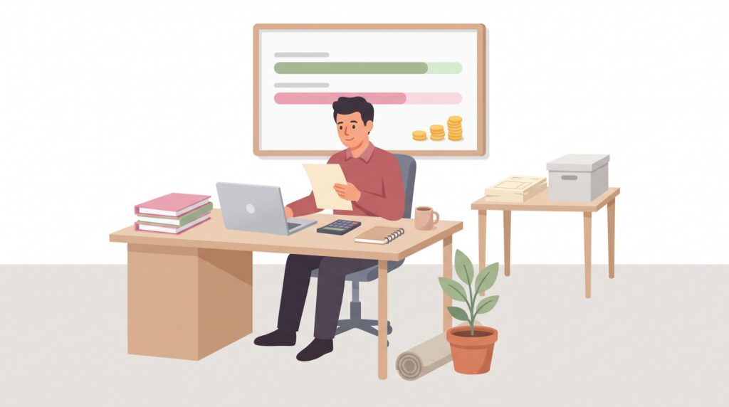 Illustration eines Solo-Selbstständigen am Schreibtisch mit Laptop, Rechnung, Unterlagen und Umsatzübersicht für die Kleinunternehmerregelung