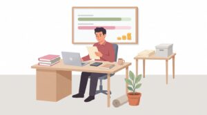 Illustration eines Solo-Selbstständigen am Schreibtisch mit Laptop, Rechnung, Unterlagen und Umsatzübersicht für die Kleinunternehmerregelung