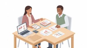 Illustration eines Bankgesprächs mit Gründer und Bankberater an einem Tisch mit Finanzunterlagen, Laptop und Diagrammen