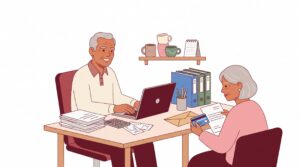 Älteres Paar organisiert selbstständige Arbeit im Ruhestand am Schreibtisch mit Laptop, Unterlagen, Rentenbrief und Krankenversicherungskarte