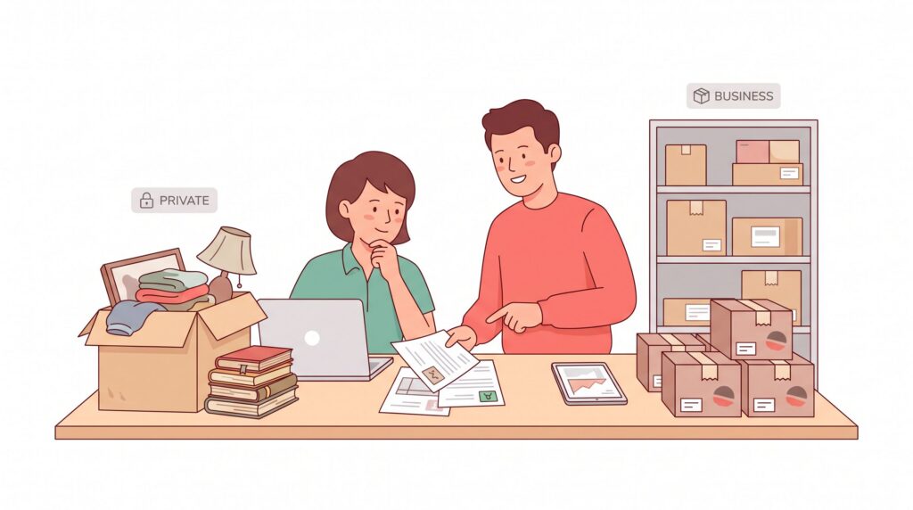 Illustration eines eBay-Verkäufers am Schreibtisch zwischen privatem Verkauf gebrauchter Gegenstände und gewerblichem Verkauf verpackter Waren mit Beratungs- und Steuerunterlagen