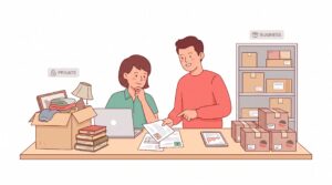 Illustration eines eBay-Verkäufers am Schreibtisch zwischen privatem Verkauf gebrauchter Gegenstände und gewerblichem Verkauf verpackter Waren mit Beratungs- und Steuerunterlagen