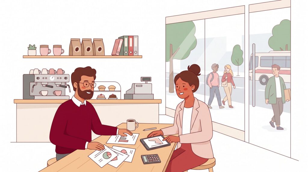 Illustration eines Café-Gründers und einer Beraterin bei der Besprechung eines Businessplans in einem hellen Café mit sichtbarer Straßenlage im Hintergrund.