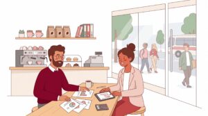 Illustration eines Café-Gründers und einer Beraterin bei der Besprechung eines Businessplans in einem hellen Café mit sichtbarer Straßenlage im Hintergrund.