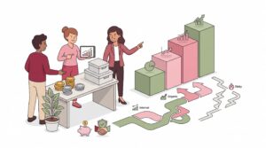 Illustration zu konservativen Wachstumsstrategien für Unternehmen mit kleinem Team, Treppenwachstum, Charts, Münzen, Pflanze und organischer Expansion.