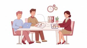 Freundliche Beratungsszene zur Berufs-Rechtsschutzversicherung mit Freelancer, Arbeitgeber und Rechtsberaterin im minimalistischen Büro