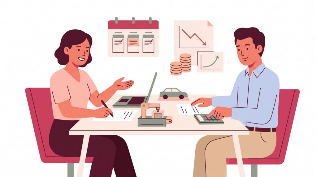 Illustration eines kleinen Unternehmers mit Steuerberater bei der Planung einer Investition mit Laptop, Maschine, Fahrzeugmodell, Kalender, Münzen und Diagrammen auf weißem Hintergrund
