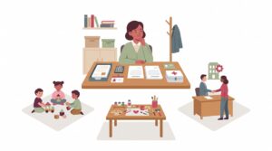 Selbstständige Erzieherin plant ihre Arbeit an einem Tisch mit Unterlagen, Kalkulator und Verträgen, daneben Kinderbetreuung, Kursbereich und professionelle Zusammenarbeit mit einer Einrichtung.