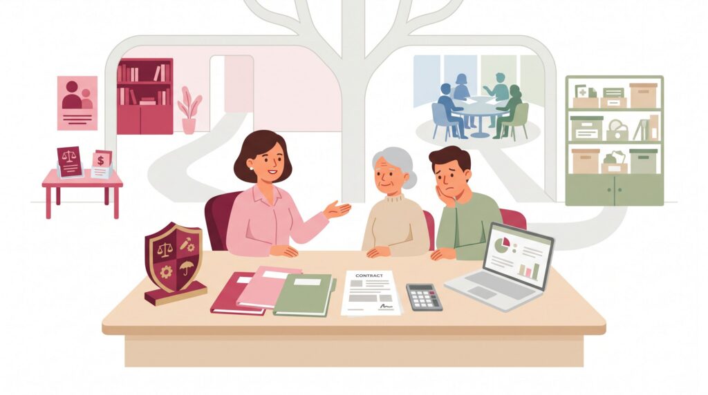 Selbstständige Pflegeberaterin berät ältere Person und Angehörigen am Schreibtisch in einem minimalistischen Büro mit Unterlagen, Laptop und Symbolen für Recht, Abrechnung und Absicherung.