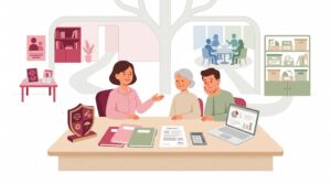 Selbstständige Pflegeberaterin berät ältere Person und Angehörigen am Schreibtisch in einem minimalistischen Büro mit Unterlagen, Laptop und Symbolen für Recht, Abrechnung und Absicherung.