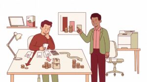 Illustration eines Selbstständigen am Schreibtisch mit Berater, Belegen, Rechner und verschiedenen Anschaffungen zur steuerlichen Einordnung von Betriebsausgabe, GWG, AfA und IAB