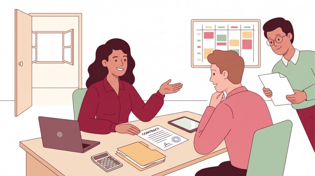 Illustration eines selbstständigen Handelsvertreters beim Vertragsgespräch mit Geschäftspartner und Berater an einem Schreibtisch