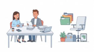 Illustration einer selbstständigen Person im Gespräch mit einem Bankberater über Förderanträge und Investitionen