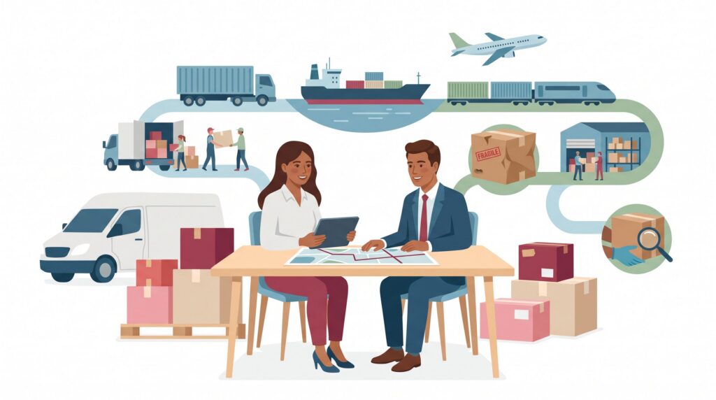 Illustration zur Warentransportversicherung mit Unternehmerin und Versicherungsberater, Paketen, Lieferwagen sowie Transportkette aus Lkw, Schiff, Zug und Flugzeug.