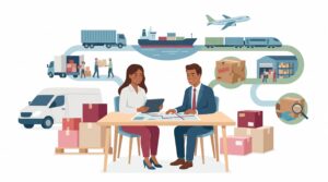 Illustration zur Warentransportversicherung mit Unternehmerin und Versicherungsberater, Paketen, Lieferwagen sowie Transportkette aus Lkw, Schiff, Zug und Flugzeug.