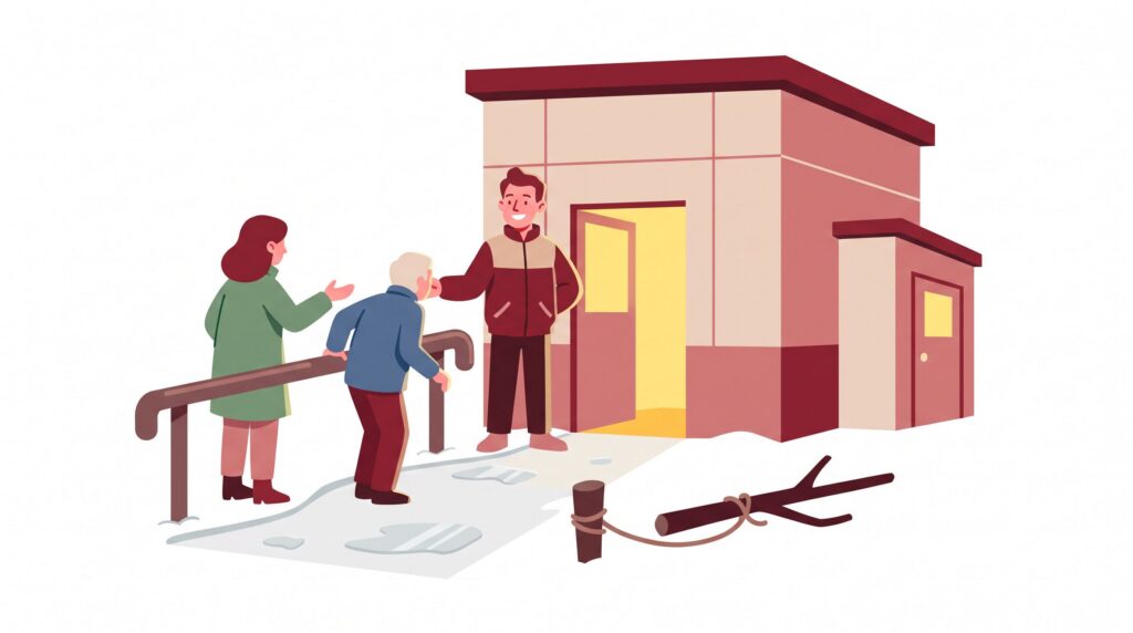 Illustration eines verantwortlichen Eigentümers neben einem Wohngebäude, der einen Besucher auf einem winterlichen Weg unterstützt; mit geräumtem Eingang, Handlauf, beleuchteter Tür und gesichertem Ast als Symbol für Haftungsrisiken und Verkehrssicherungspflicht.