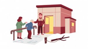 Illustration eines verantwortlichen Eigentümers neben einem Wohngebäude, der einen Besucher auf einem winterlichen Weg unterstützt; mit geräumtem Eingang, Handlauf, beleuchteter Tür und gesichertem Ast als Symbol für Haftungsrisiken und Verkehrssicherungspflicht.