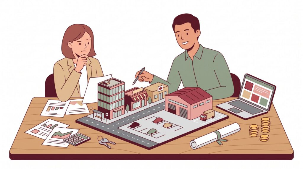Illustration eines kleinen Unternehmers und eines Beraters, die an einem Schreibtisch eine Gewerbeimmobilie mit Büro, Laden, Praxis und Lager sowie Kosten und Vertragsunterlagen prüfen.