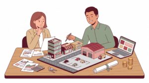 Illustration eines kleinen Unternehmers und eines Beraters, die an einem Schreibtisch eine Gewerbeimmobilie mit Büro, Laden, Praxis und Lager sowie Kosten und Vertragsunterlagen prüfen.