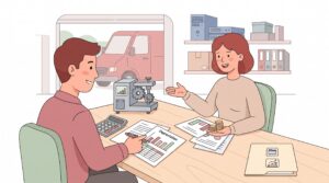 Zwei Personen planen eine Unternehmensinvestition an einem Schreibtisch mit Maschine, Unterlagen und Rechner in einer Werkstatt-Office-Szene.