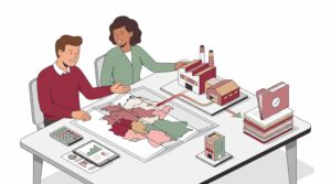 Illustration eines Unternehmers und einer Beraterin, die an einem Tisch eine standortbezogene Investitionsplanung mit Deutschlandkarte, Standortmodellen und Antragsunterlagen prüfen.