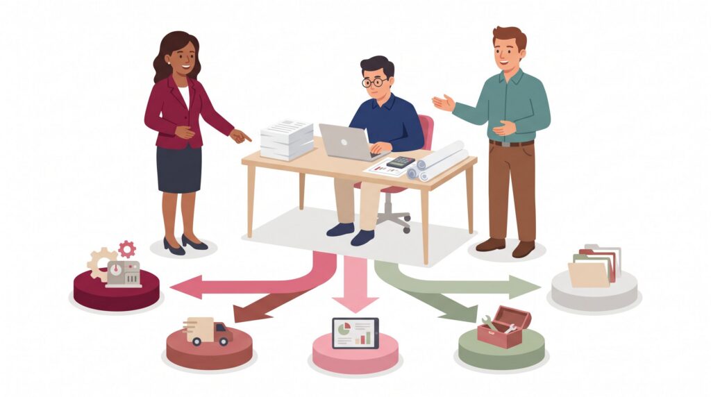 Illustration zu Fördermitteln für Unternehmen mit Gründer am Schreibtisch, Bankberater, Förderberaterin und fünf Förderwegen für Investitionen und Wachstum