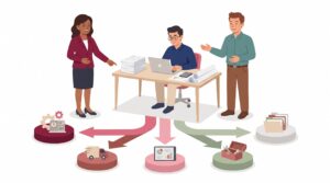 Illustration zu Fördermitteln für Unternehmen mit Gründer am Schreibtisch, Bankberater, Förderberaterin und fünf Förderwegen für Investitionen und Wachstum