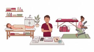 Illustration zur Selbstständigkeit als Masseur mit Wellnessraum, mobilem Massage-Setup und Gründungsunterlagen