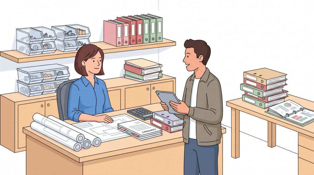 Selbstständiger Ingenieur im organisierten Büro mit technischen Plänen, Vertragsunterlagen und Kundengespräch