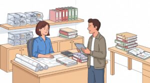 Selbstständiger Ingenieur im organisierten Büro mit technischen Plänen, Vertragsunterlagen und Kundengespräch