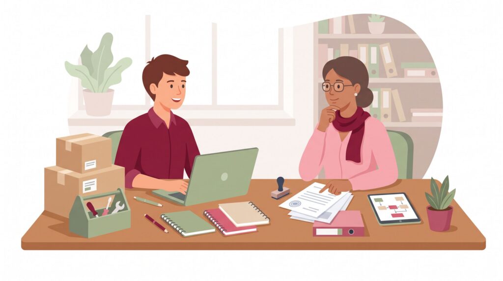 Illustration eines Quereinsteigers im Gespräch mit einer Beraterin am Schreibtisch zu Wegen in die Selbstständigkeit ohne Ausbildung in Deutschland