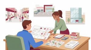 Illustration einer Standortanalyse mit zwei Personen, Bewertungsmatrix, Stadtplan und drei verglichenen Geschäftsstandorten