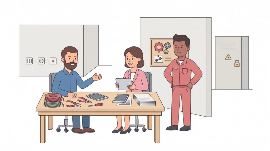 Illustration eines Elektrikers ohne Meisterbrief bei der Gründungsplanung mit Kammerberaterin und technischem Betriebsleiter an einem Tisch mit Werkzeugen und Unterlagen.