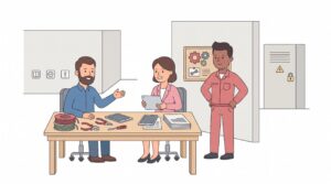 Illustration eines Elektrikers ohne Meisterbrief bei der Gründungsplanung mit Kammerberaterin und technischem Betriebsleiter an einem Tisch mit Werkzeugen und Unterlagen.