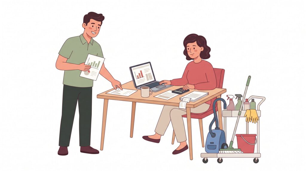 Illustration zur Gründung einer Reinigungsfirma mit Gründerin am Schreibtisch, zweiter Person und Reinigungswagen