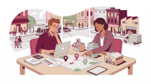 Illustration zur Standortwahl: Gründer vergleicht mit einer Beraterin mehrere Unternehmensstandorte anhand von Karte, Modellen und Bewertungsunterlagen.