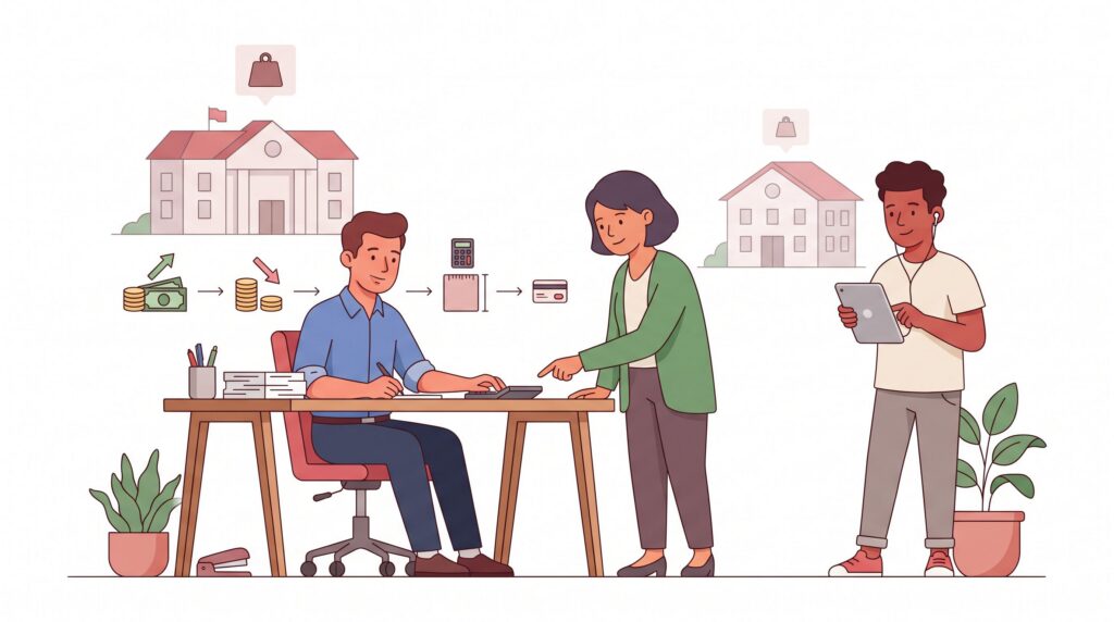 Illustration eines Unternehmers am Schreibtisch mit Beraterin, Rechner und Unterlagen sowie zwei Rathäusern im Hintergrund zur Veranschaulichung unterschiedlicher Gewerbesteuerhebesätze je Gemeinde.