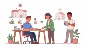 Illustration eines Unternehmers am Schreibtisch mit Beraterin, Rechner und Unterlagen sowie zwei Rathäusern im Hintergrund zur Veranschaulichung unterschiedlicher Gewerbesteuerhebesätze je Gemeinde.
