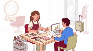 Illustration eines Friseurunternehmers mit Berater bei der Businessplan- und Finanzplanung im Salon